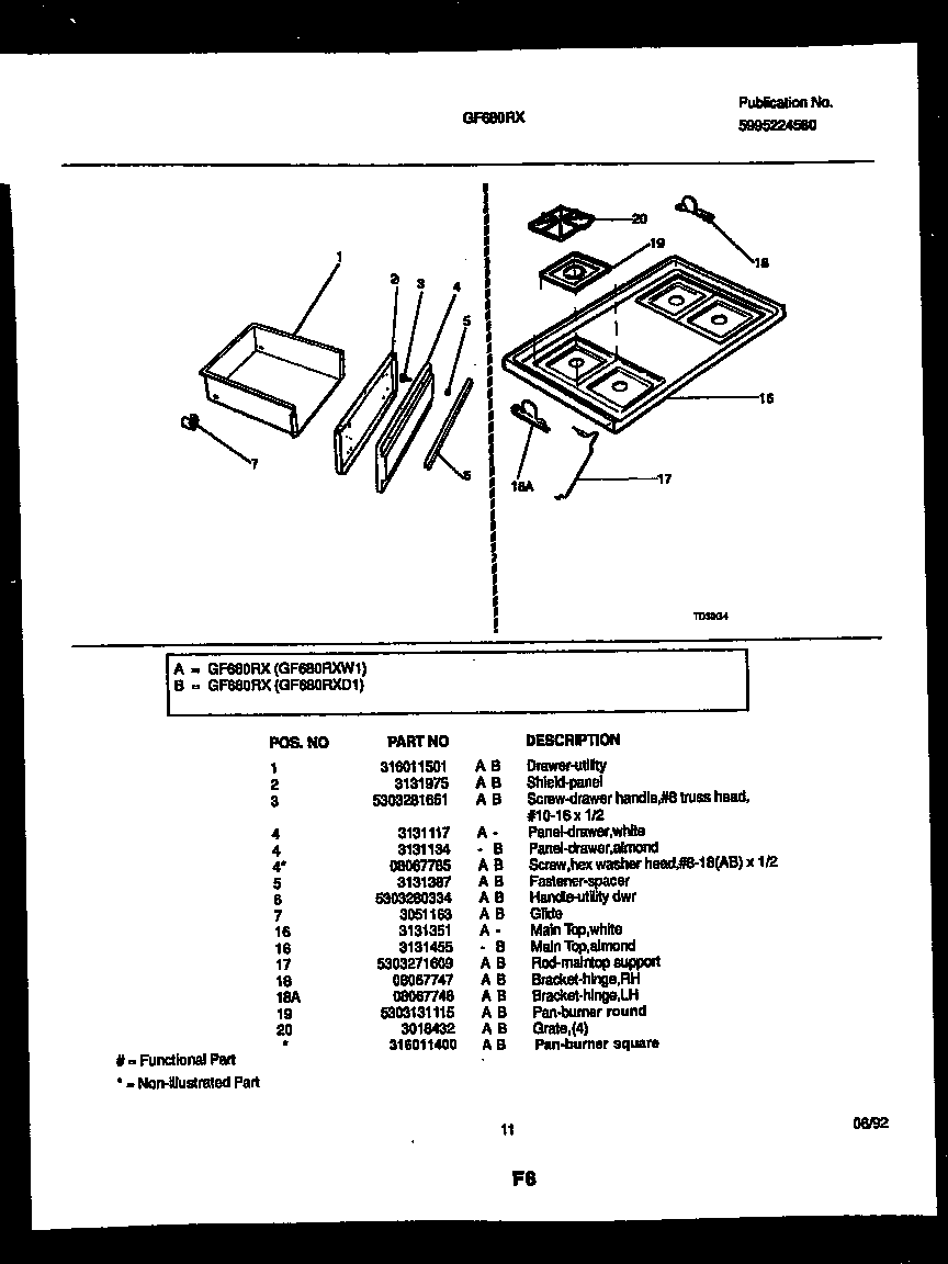 White-Westinghouse GF680RXD1 drawer and cooktop parts diagram