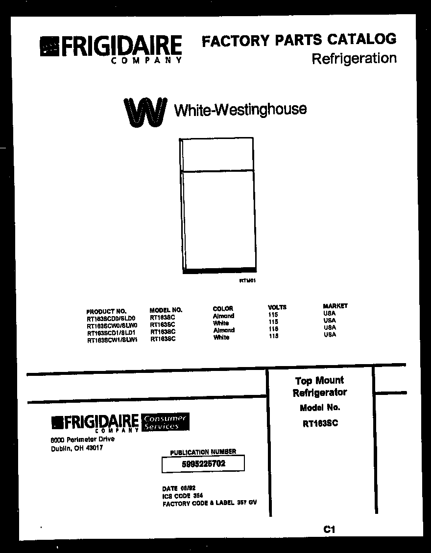 White-Westinghouse RT163SLW0 cover page diagram