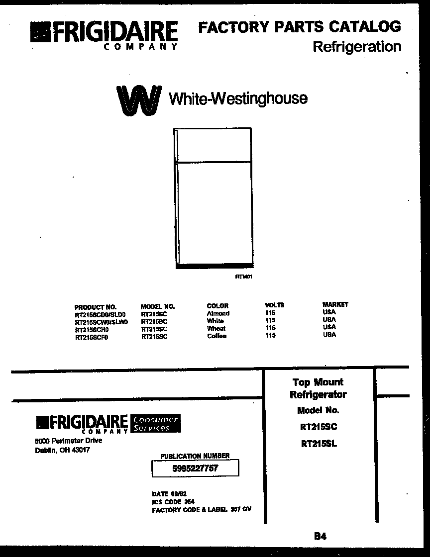 White-Westinghouse RT215SCD0 cover page diagram