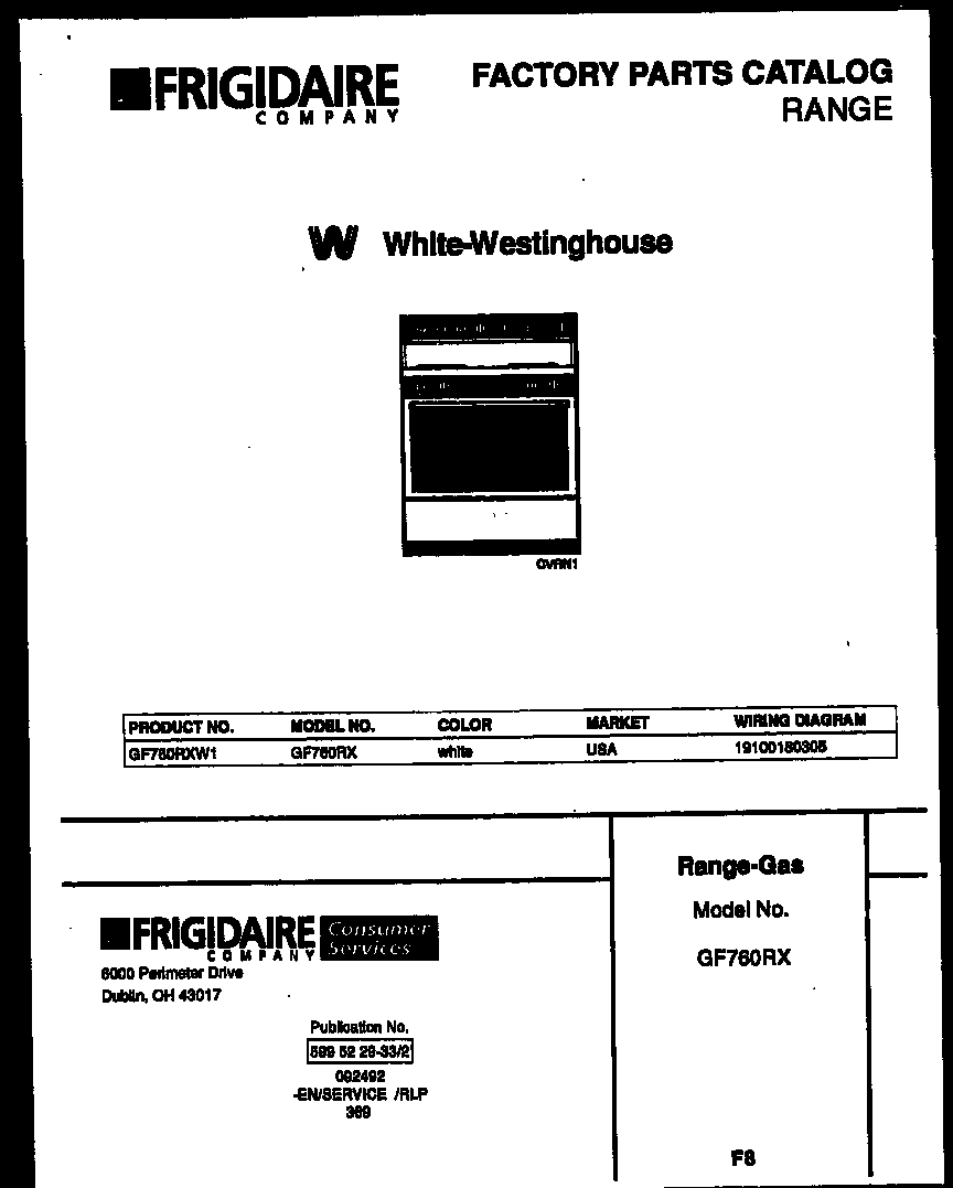 White-Westinghouse GF760RXW1 cover page diagram