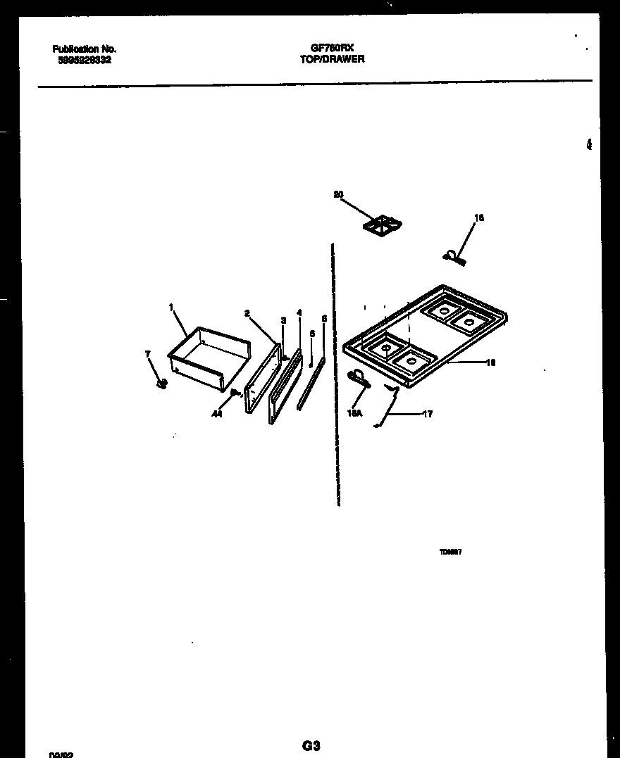 White-Westinghouse GF760RXW1 cooktop and drawer parts diagram