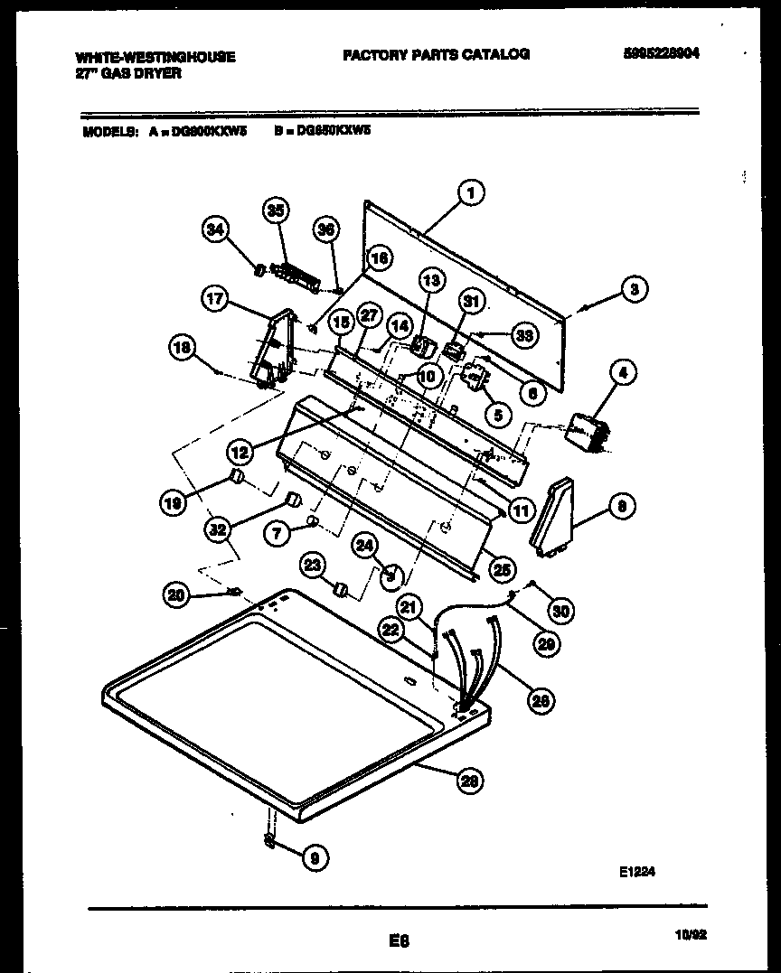 White-Westinghouse DG800KXW5 console and control parts diagram