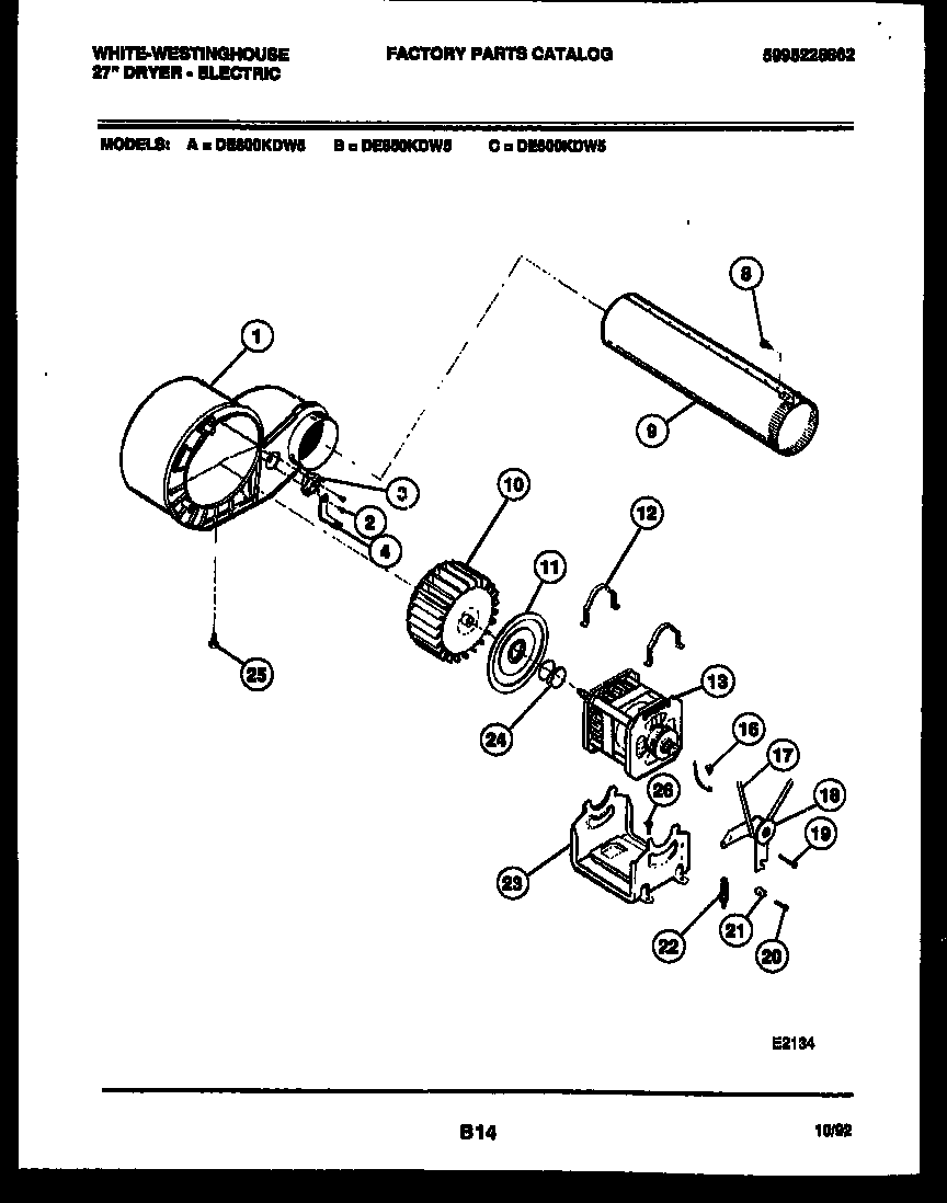 White-Westinghouse DE600KDD5 blower and drive parts diagram