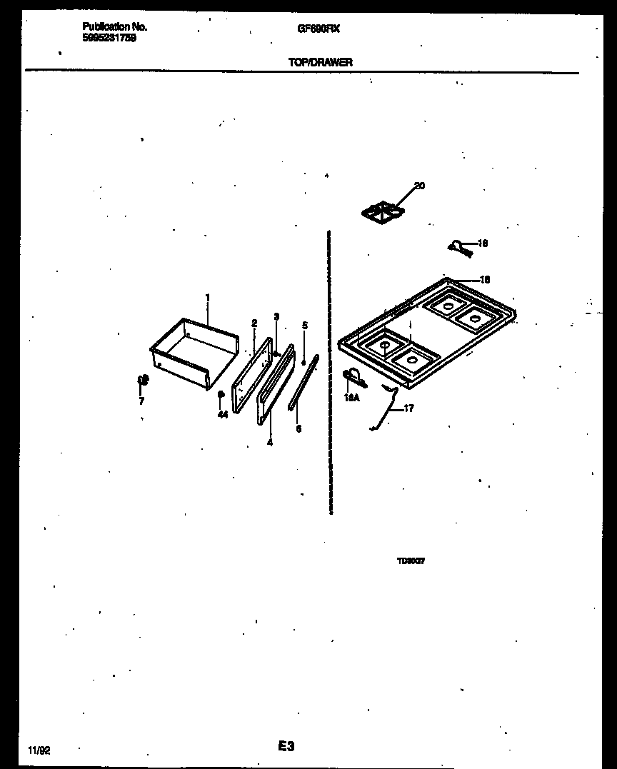 White-Westinghouse GF690RXD2 cooktop and drawer parts diagram