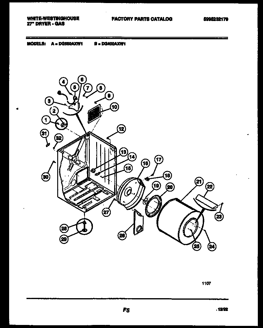 White-Westinghouse DG650AXW1 cabinet and component parts diagram