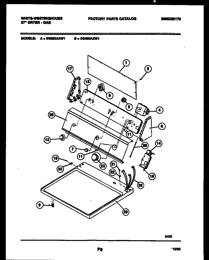 White-Westinghouse DG650AXW1 console and control parts diagram