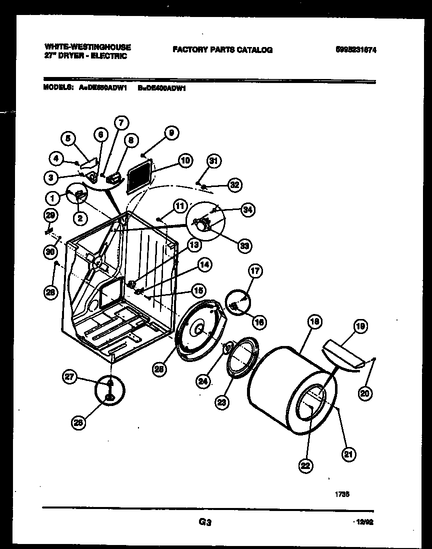 White-Westinghouse DE650ADW1 cabinet and component parts diagram