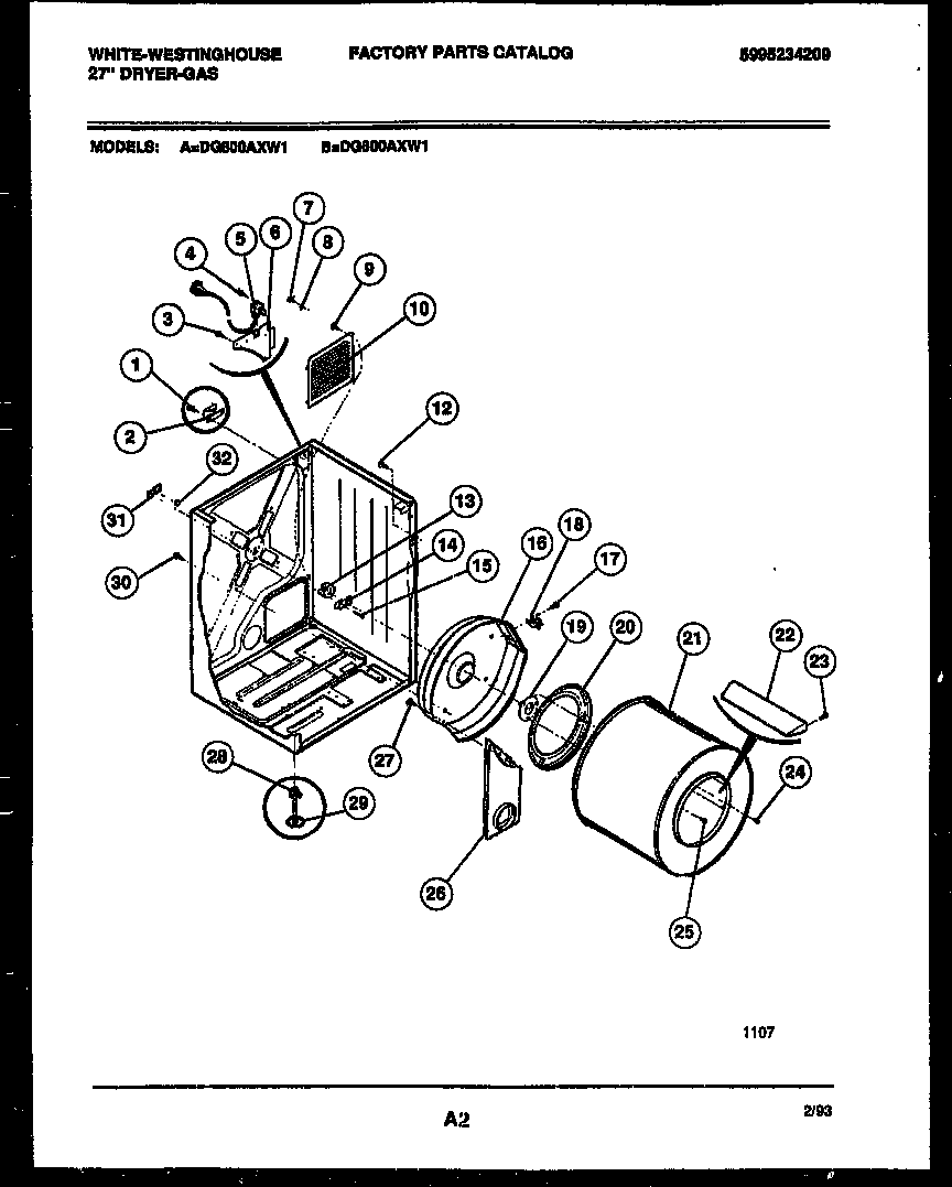 White-Westinghouse DG600AXD1 cabinet and component parts diagram