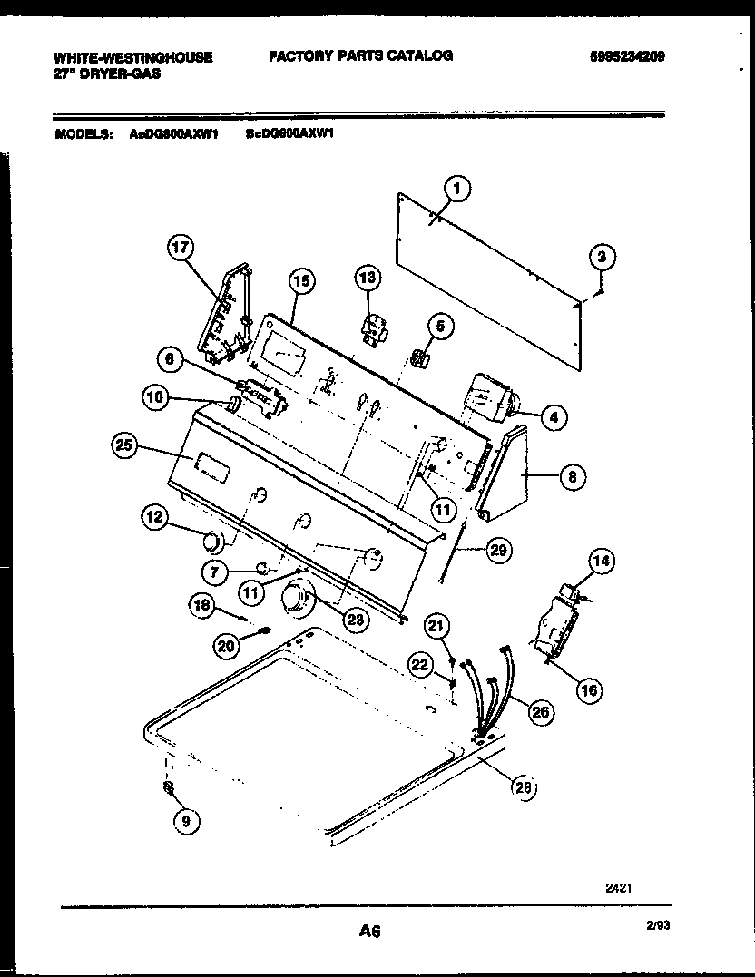 White-Westinghouse DG600AXD1 console and control parts diagram