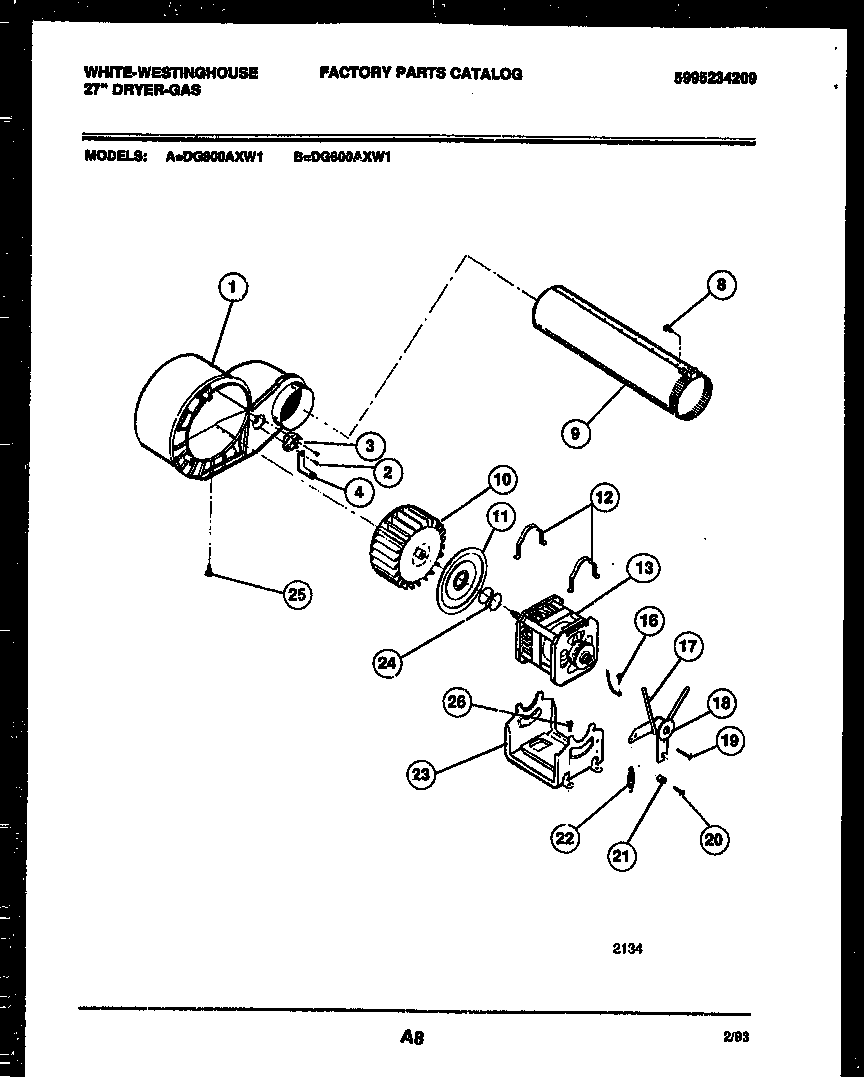 White-Westinghouse DG600AXD1 blower and drive parts diagram