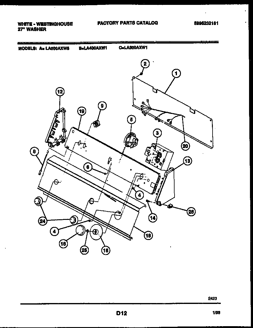 White-Westinghouse LA500AXD5 console and control parts diagram