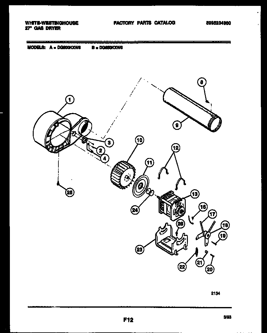 White-Westinghouse DG650KXD6 blower and drive parts diagram
