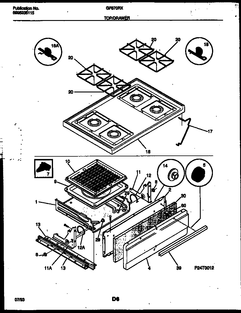 White-Westinghouse GF670RXD2 cooktop and broiler drawer parts diagram