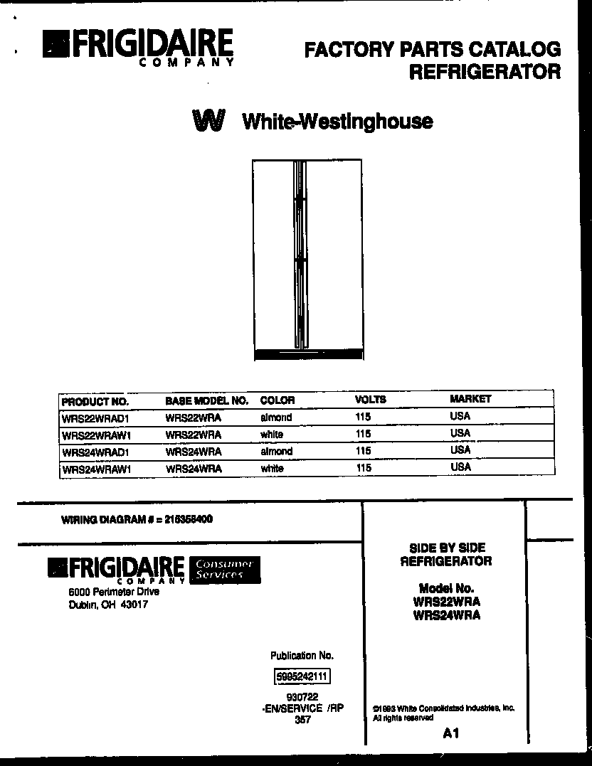 White-Westinghouse WRS24WRAW1 front cover diagram
