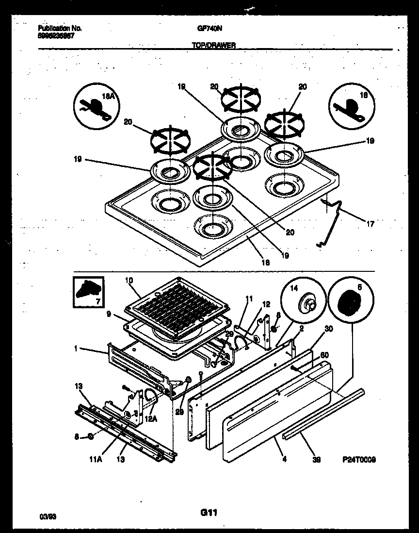 White-Westinghouse GF740ND7 cooktop and broiler drawer parts diagram