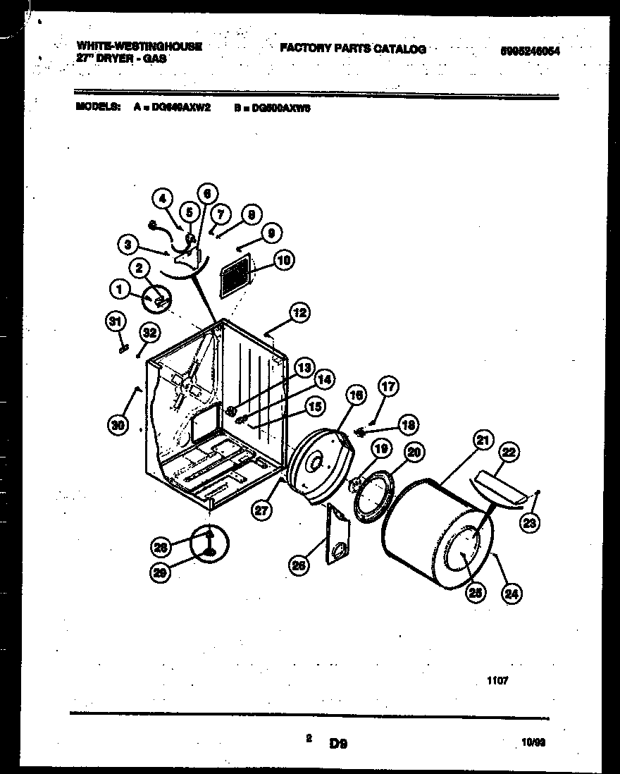 White-Westinghouse DG500AXD6 cabinet and component parts diagram