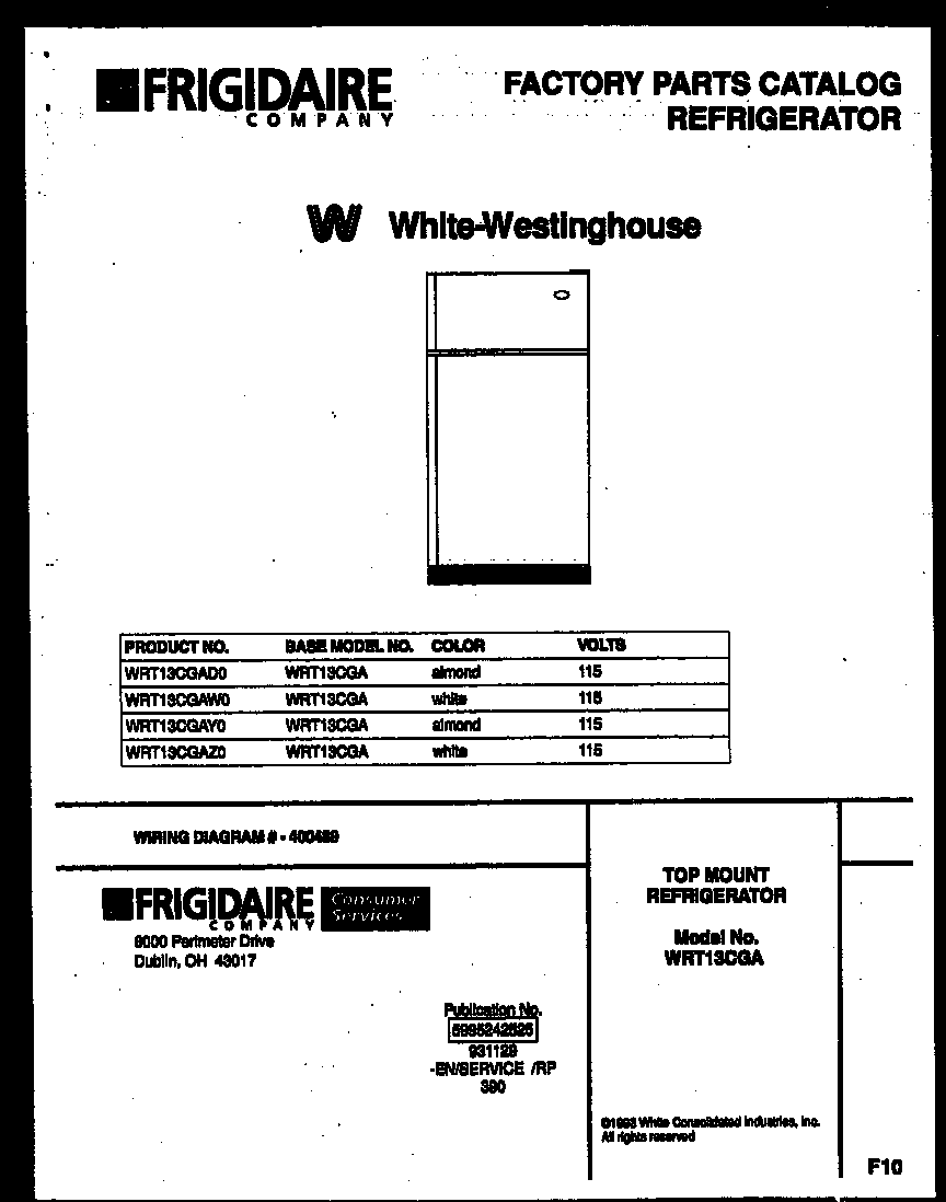 White-Westinghouse WRT13CGAW0 cover page diagram
