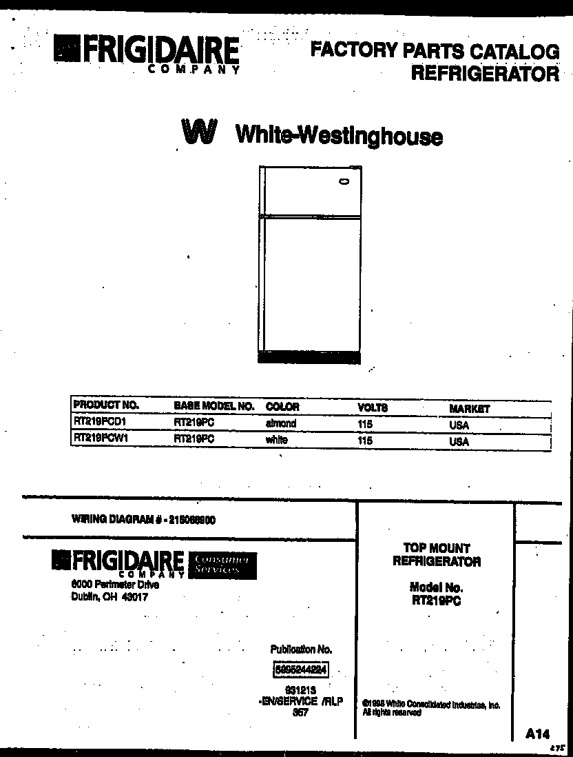 White-Westinghouse RT219PCW1 cover page diagram
