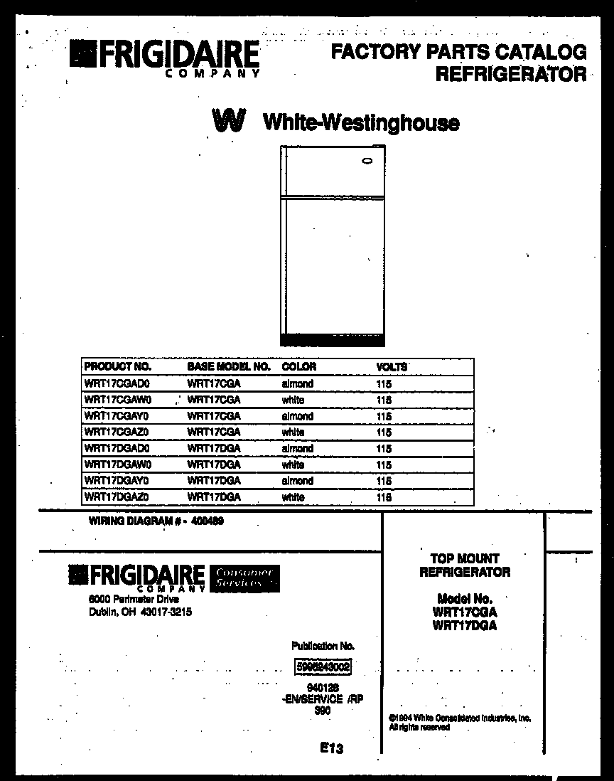 White-Westinghouse WRT17DGAW0 cover page diagram