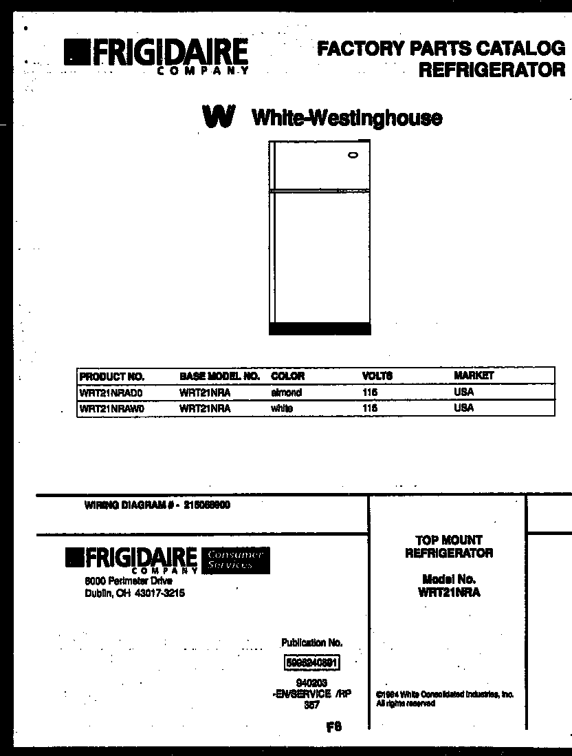 White-Westinghouse WRT21NRAW0 cover page diagram