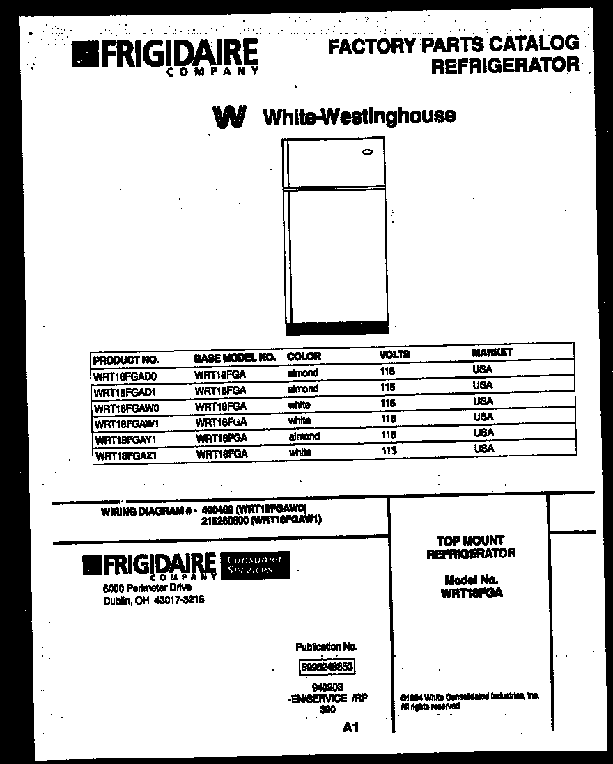White-Westinghouse WRT18FGAW1 cover page diagram