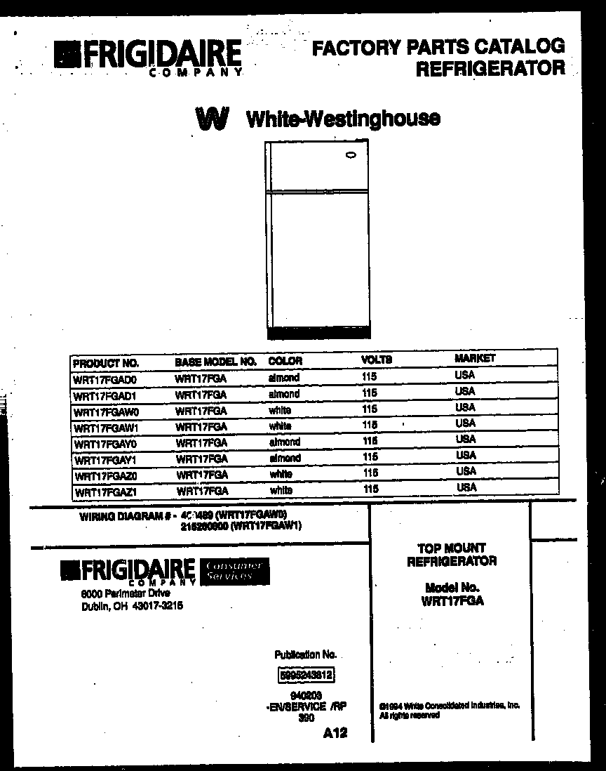 White-Westinghouse WRT17FGAZ0 cover page diagram