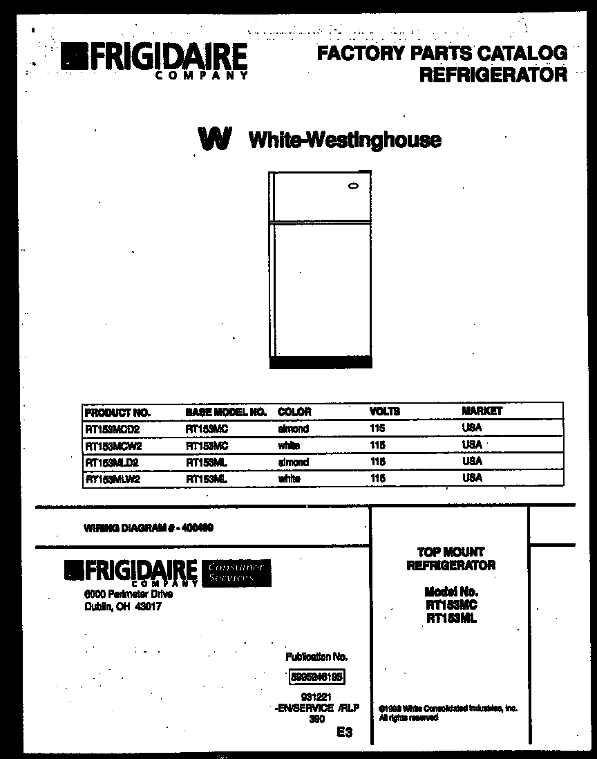 White-Westinghouse RT153MLD2 cover page diagram