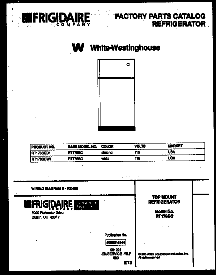 White-Westinghouse RT178SCW1 cover page diagram