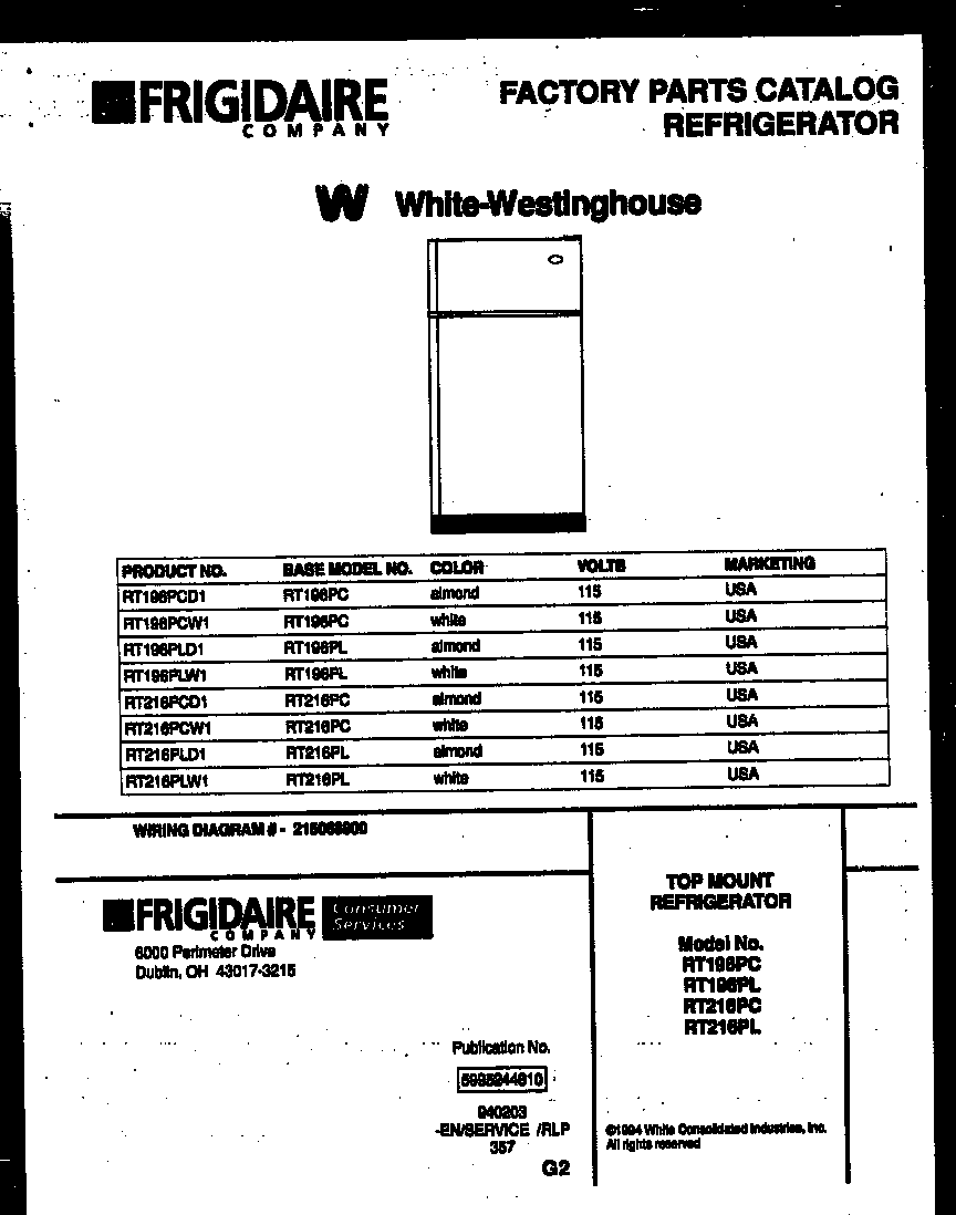 White-Westinghouse RT216PLD1 cover page diagram