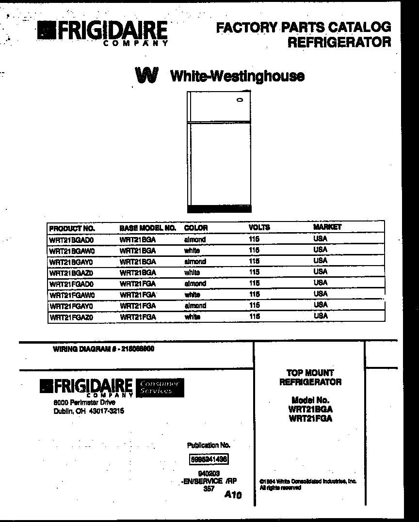 White-Westinghouse WRT21BGAD0 cover page diagram