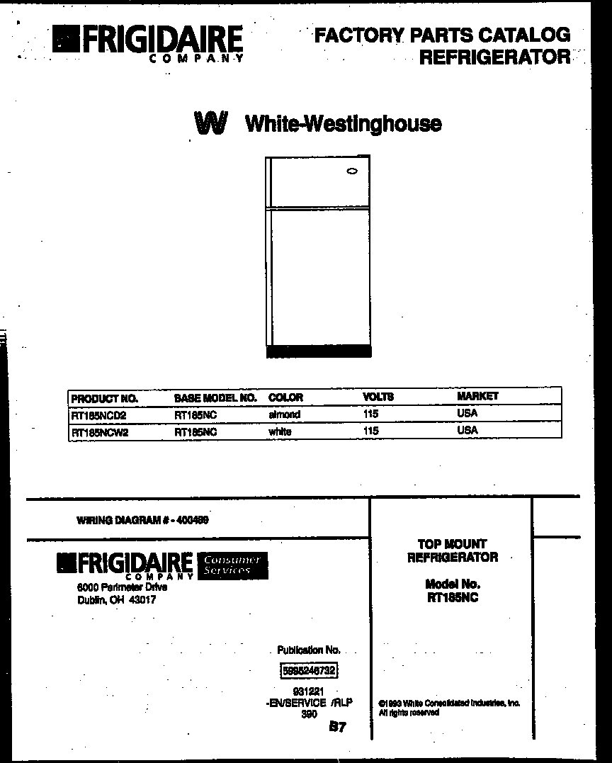 White-Westinghouse RT185NCW2 cover page diagram
