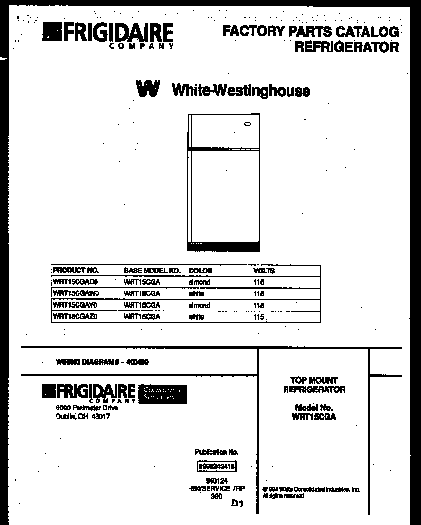 White-Westinghouse WRT15CGAW0 cover page diagram