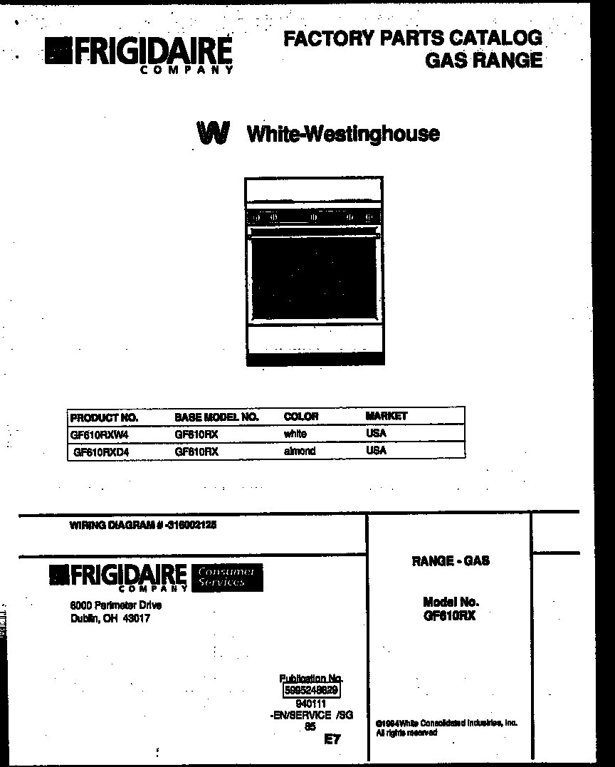 White-Westinghouse GF610RXD4 cover page diagram