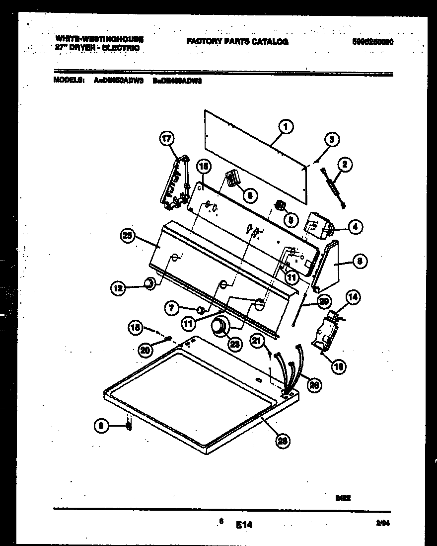 White-Westinghouse DE400ADD3 console and control parts diagram