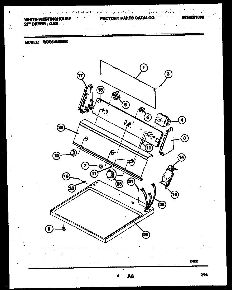 White-Westinghouse WDG546RBD0 console and control parts diagram