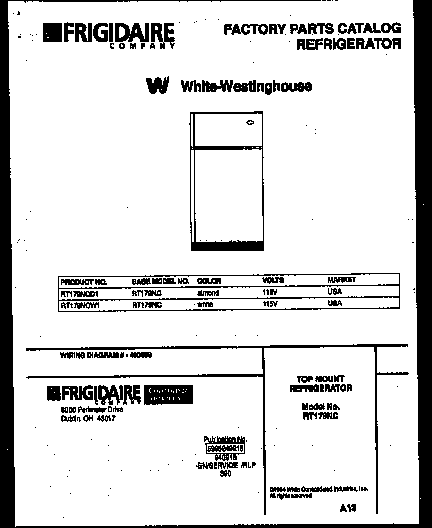 White-Westinghouse RT179NCW1 cover page diagram