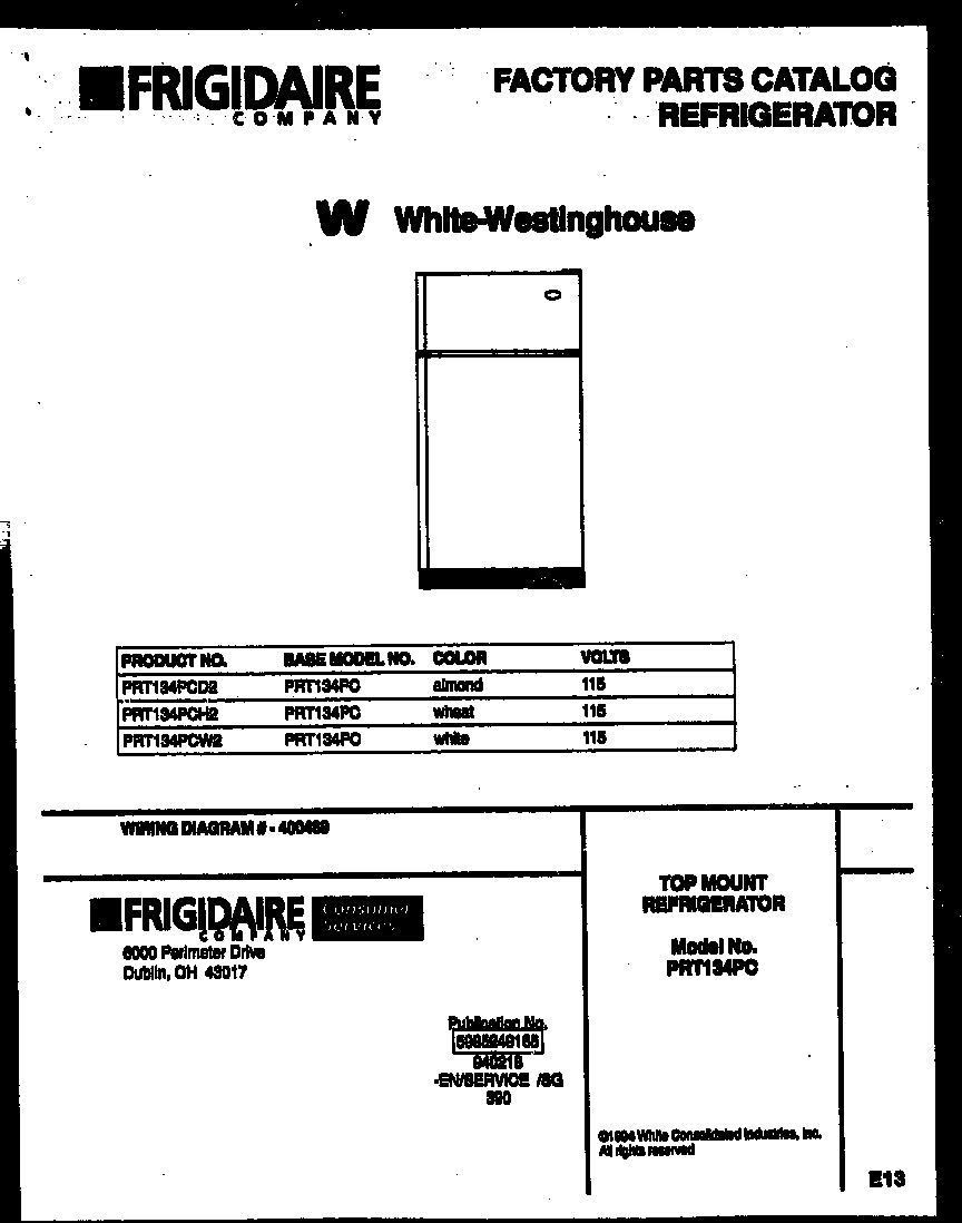 White-Westinghouse PRT134PCW2 cover page diagram