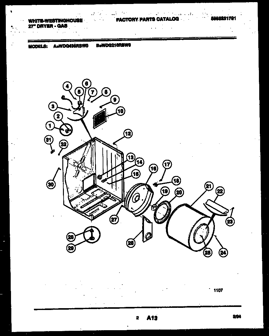 White-Westinghouse WDG216RBD0 cabinet and component parts diagram