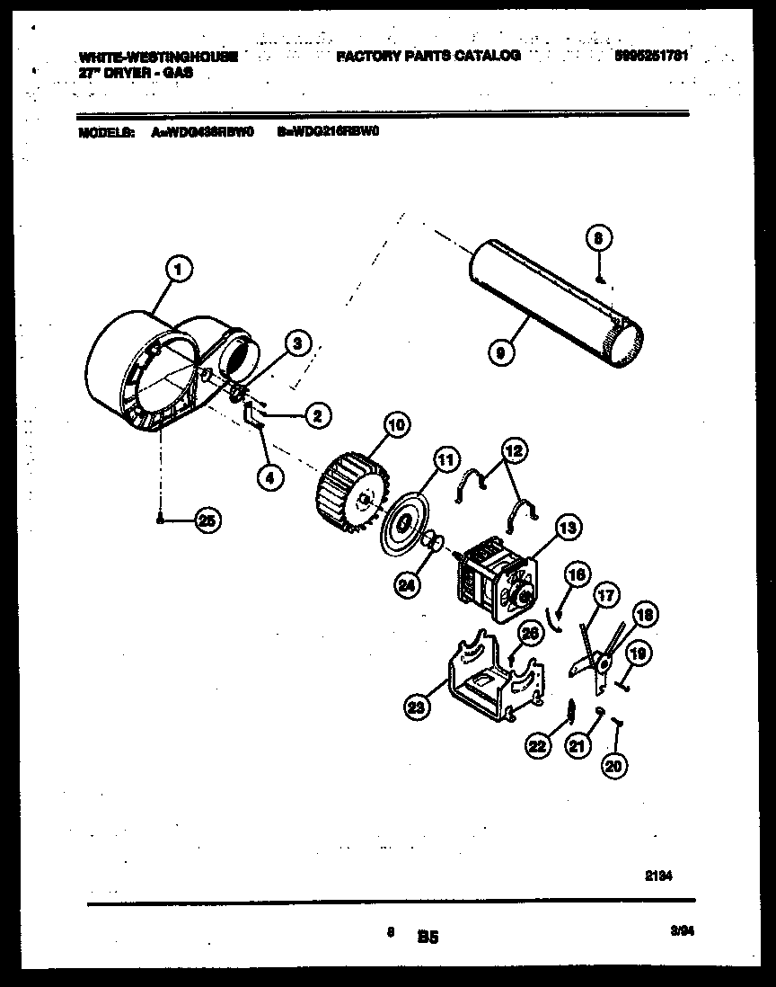 White-Westinghouse WDG216RBD0 blower and drive parts diagram