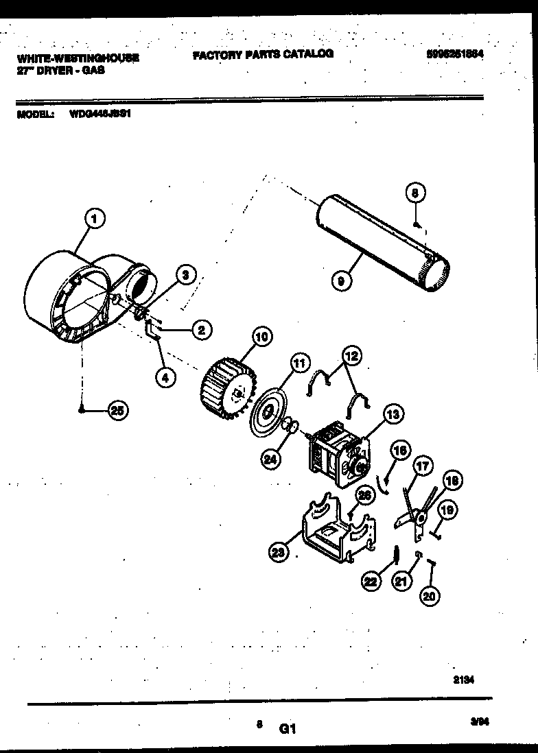 White-Westinghouse WDG446JBS1 blower and drive parts diagram