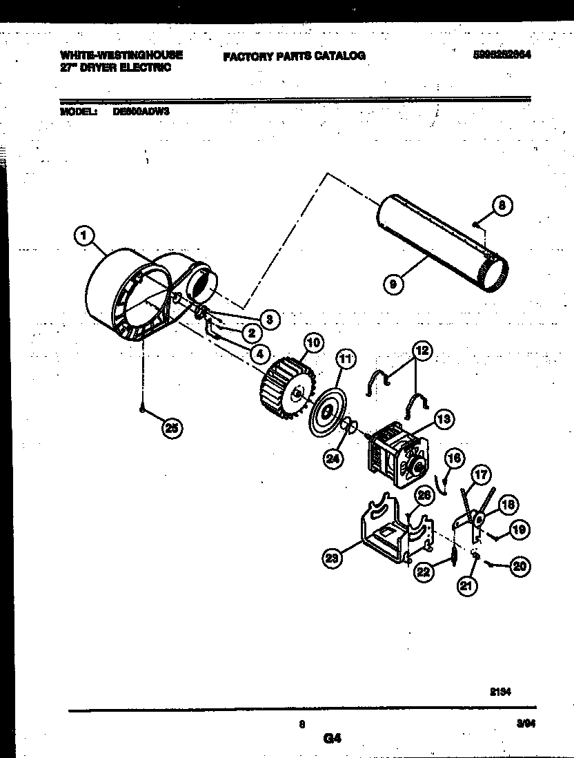 White-Westinghouse DE600ADW3 blower and drive parts diagram