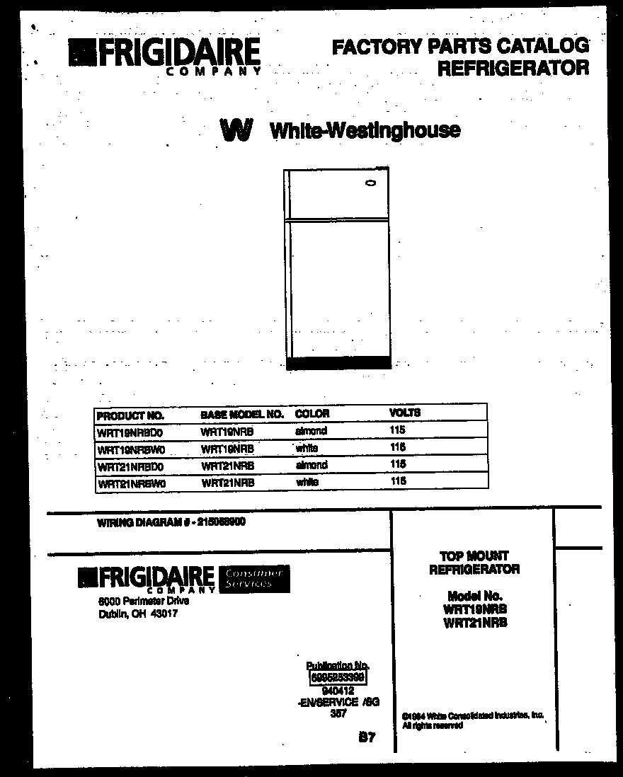 White-Westinghouse WRT19NRBW0 cover page diagram