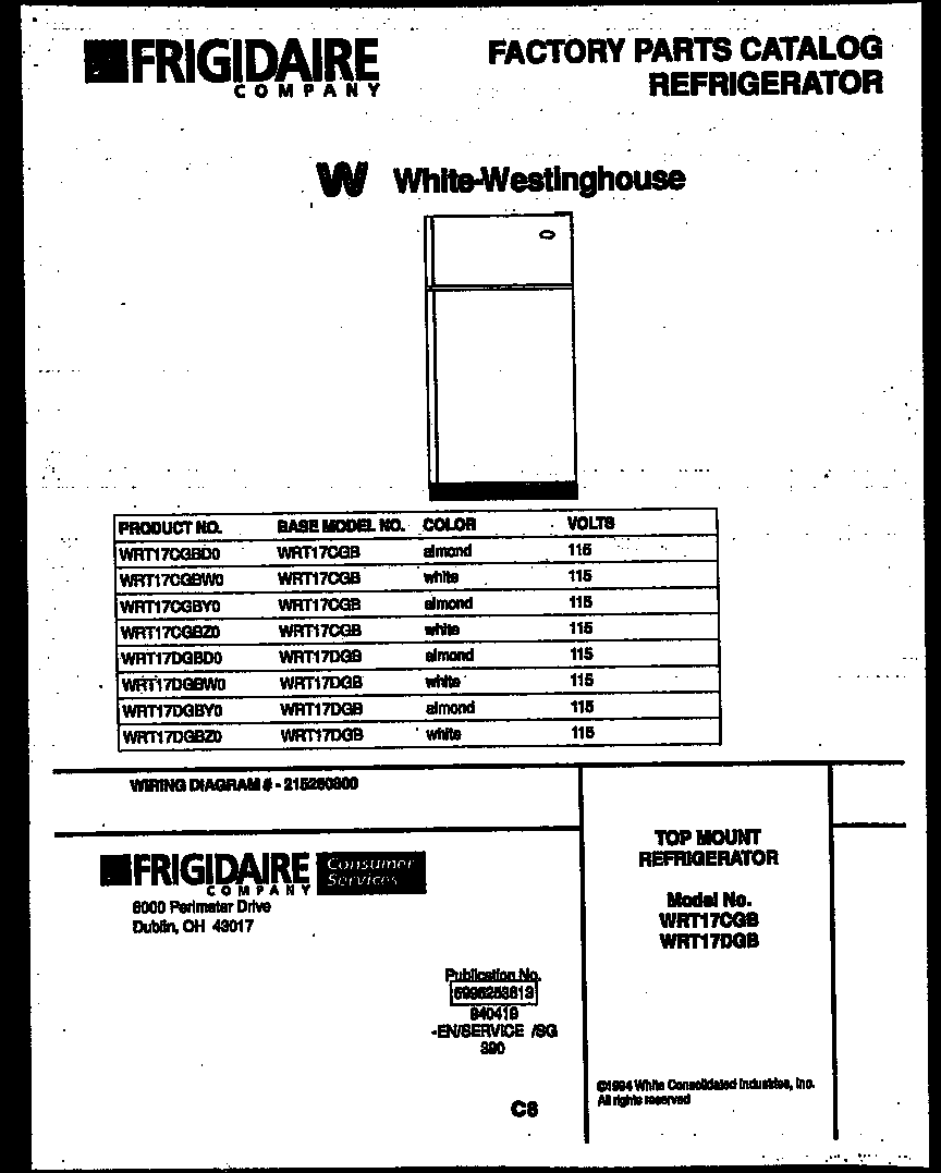 White-Westinghouse WRT17CGBD0 cover page diagram