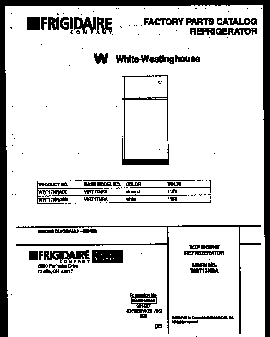 White-Westinghouse WRT17NRAW0 cover page diagram