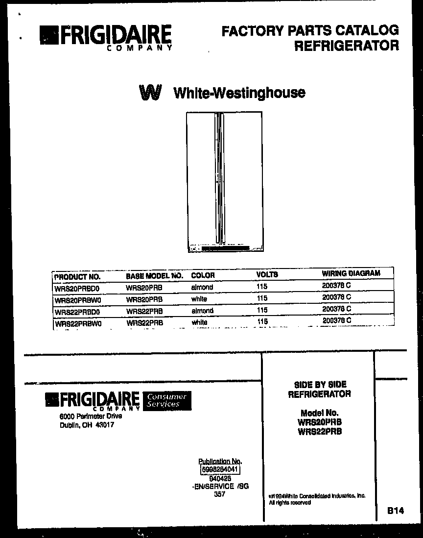 White-Westinghouse WRS22PRBW0 front cover diagram