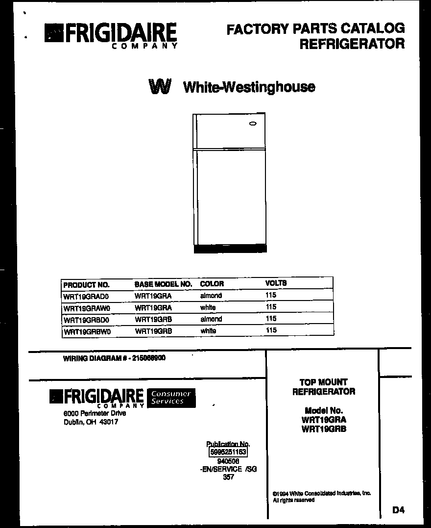 White-Westinghouse WRT19GRBW0 cover page diagram