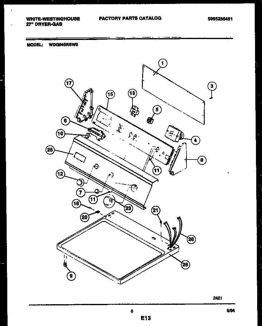 White-Westinghouse WDG846RBD0 console and control parts diagram