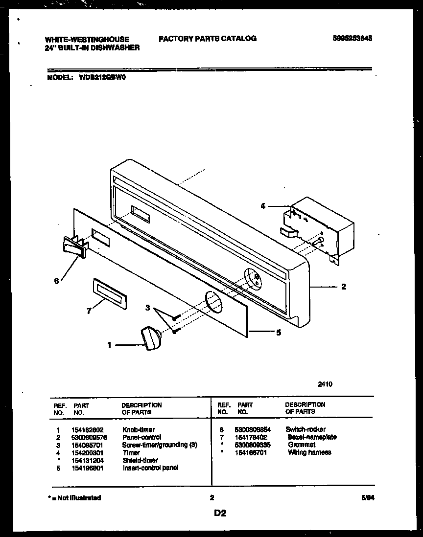 White-Westinghouse WDB212GBW0 console and control parts diagram