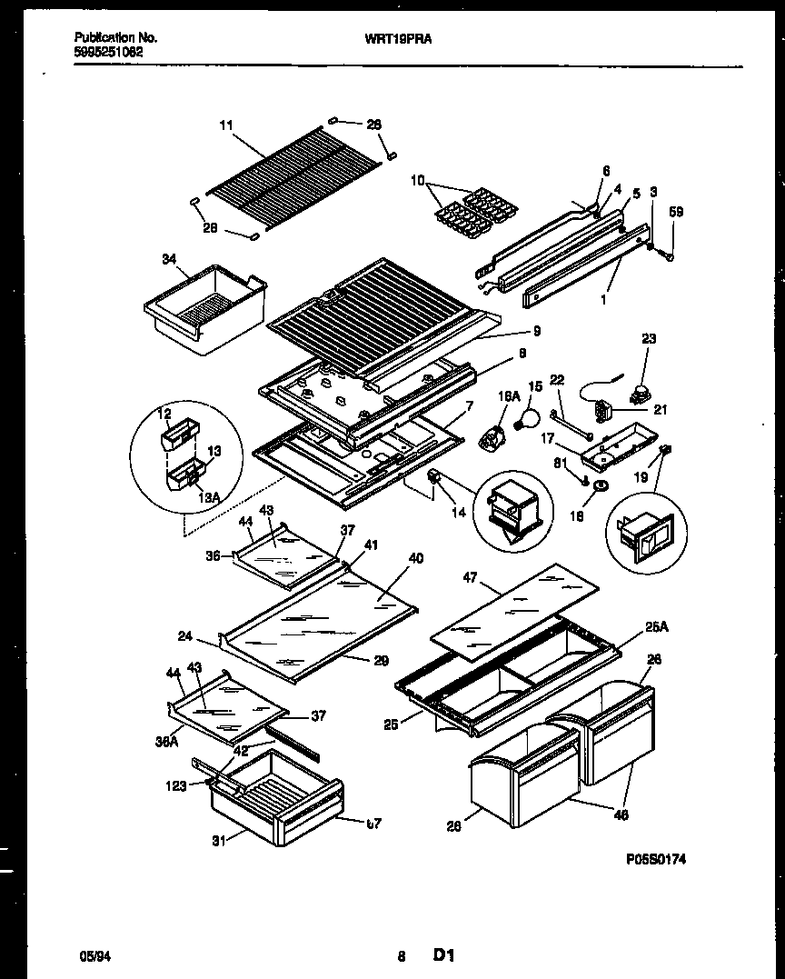 White-Westinghouse WRT19PRAW0 shelves and supports diagram