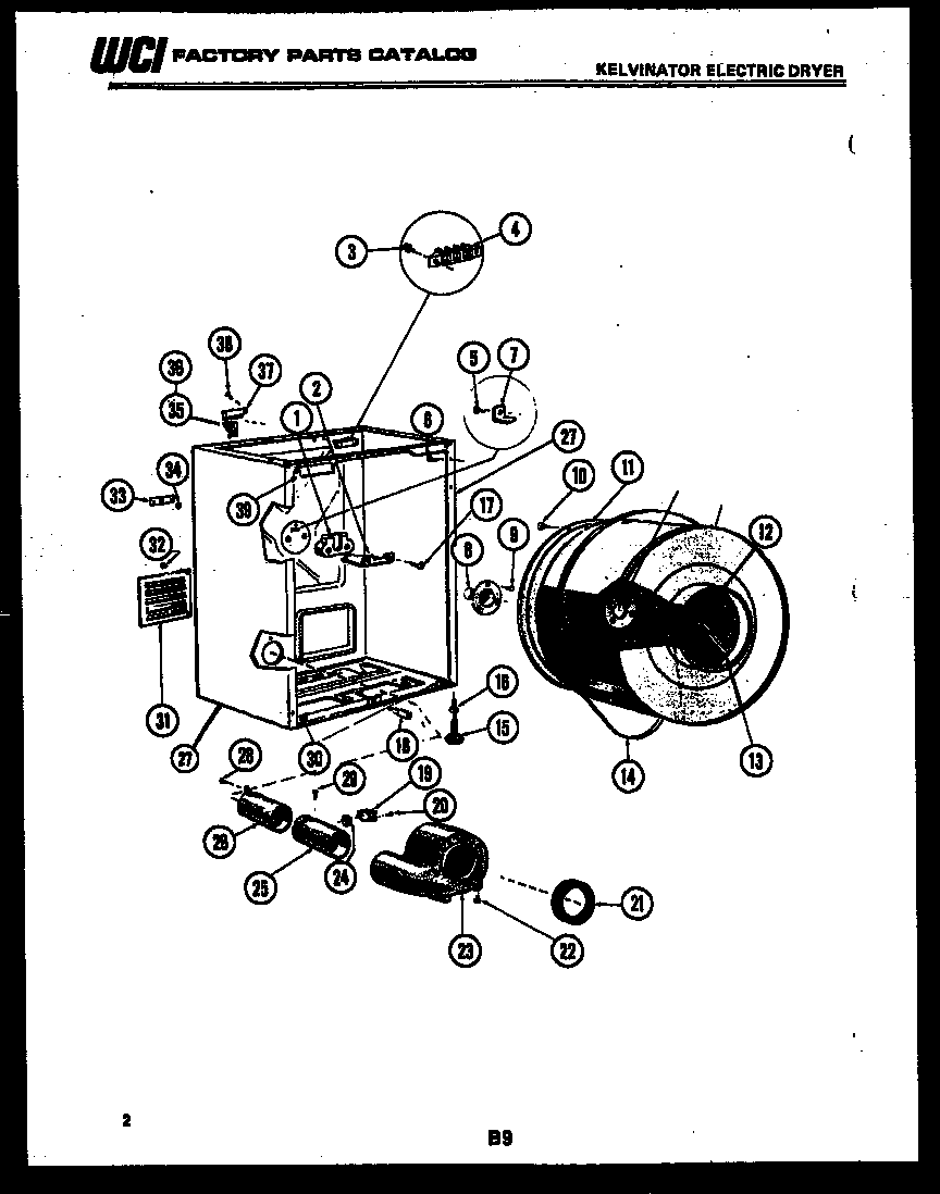 Kelvinator DES100CW1 cabinet, drum and blower housing diagram